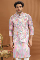 Pink and Multi Colored Printed Kurta Pajama with Embroidered Mirror Worked Jacket